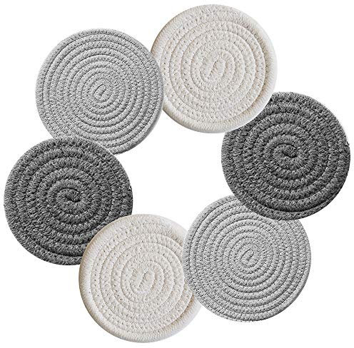 Untersetzer Rund 6er Set, Drink Coaster Deko Gewebte Glasuntersetzer Tischuntersetzer Untersetzer für Gläser Trink Tee Tasse Wein Glas Getränke Bar Cup Mat 11cm (2* Weiß + 2* Dunkelgrau + 2* Hellgrau)