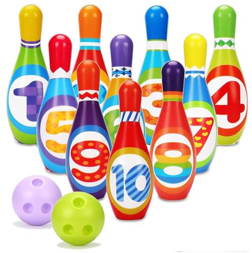 The Magic Toy Shop Bowling Set Kids Skittles Game Set Toys Educational Bowling Set 10 x Bowling Pins & 2 Balls For Toddlers Boys Girls Indoor & Outdoor Bowling Toy