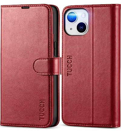 TUCCH Wallet Case for iPhone 13 Mini (5.4) 2021 5G, PU Leather Magnetic Case with [RFID Blocking][Shockproof TPU], Card Holder Kickstand Flip Folio Cover Compatible with iPhone 13 Mini, Dark Red