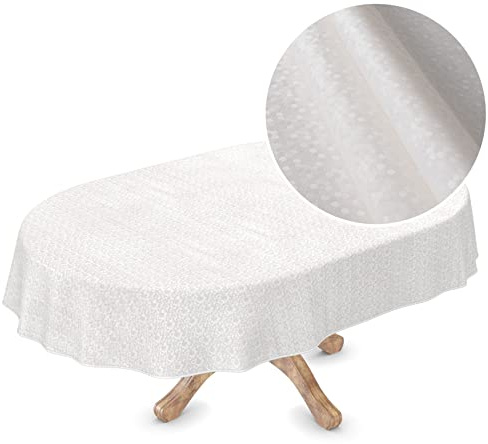 Premium Wachstuchtischdecke Tischdecke Vinyl Wachstischdecke abwaschbar Oval 300x150cm Punkte Weiß Perlmut edel abwischbar