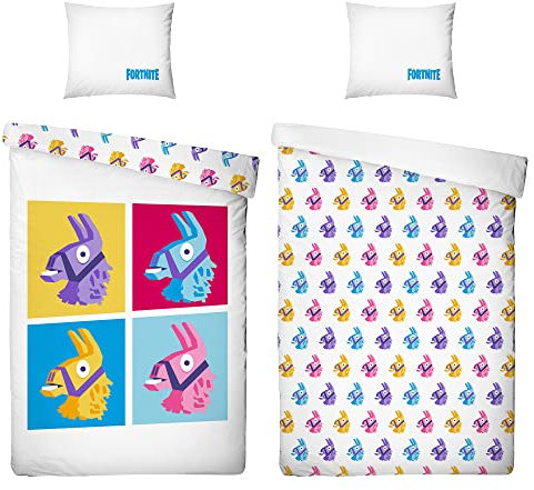 Fortnite Wende-Bettwäsche Lama 135 x 200 cm + 80 x 80 cm 100% Baumwolle Renforcé-Linon-Qualität Kinderbettwäsche Battle Royale Loot Lake Salty Springs Tilted Towers Skins 2 Motive Reißverschluss