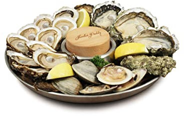 Swissmar SK2013TP Shucker - Juego de bandejas para ostras (2 piezas, acero inoxidable/madera, 32 cm x 8 cm, 2 en 1 para quitar y servir ostras/bandeja para horno, caja de regalo