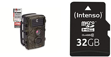Technaxx Nature Wild Cam TX-69 Full HD Outdoor Überwachungskamera, Nachtsicht 12 MP 1080P Wasserdicht Kabellos, braun-grün & Intenso microSDHC 32GB Class 10 Speicherkarte inkl. SD-Adapter, schwarz