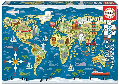 Educa 19292, Weltkarte, 200 Teile Puzzle für Erwachsene und Kinder ab 6 Jahren, Landkarte