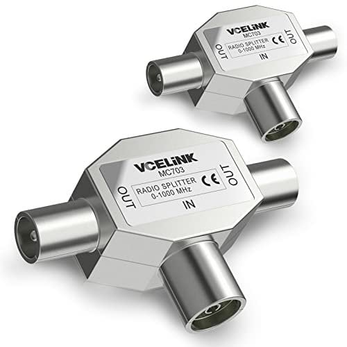 VCELINK Distribuidor de Antena TV, Duplicador Antena TV 2x Adaptador Macho a 1 Hembra, Carcasa de Metal Blindado, 0-1000 Mhz, Plata 2 Unidades
