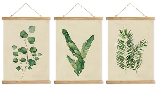 XIAOAIKA Lot de 3 affiches d'art de verdure avec cintres en bois – Eucalyptus, feuille de bananier, illustrations de feuilles de palmier, art mural botanique minimaliste, 30 x 40 cm