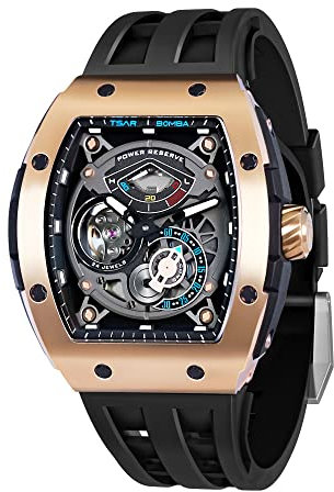 TSAR BOMBA Uhren Herren Automatik Uhr Herren Automatik Uhr Herren Mechanisch Skeleton Armbanduhr Herren Tonneau Analog wasserdichte Herren Uhr Fkm Fluorkautschuk Armband Luxus Herrenuhr Geschenke