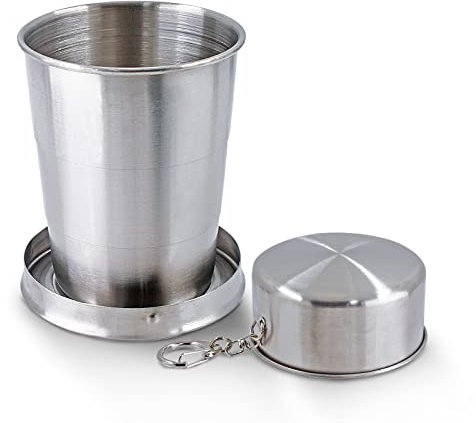 Litoexpe Tazza da viaggio pieghevole da 141,7 ml con portachiavi, in acciaio inox, pieghevole, tazza da campeggio portatile per escursioni, picnic e altre attività all'aperto, 150 ml