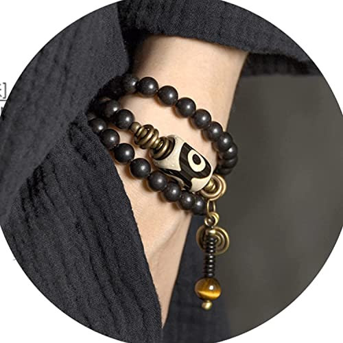 MOBEBI Armband, Dzi-Perlenkette, Armband, Mala-Perlen, Holzmanschette, Feng Shui, buddhistisches Meditationsamulett, DREI Augen, Dzi-Perlenschmuck, Glücksgeschenke