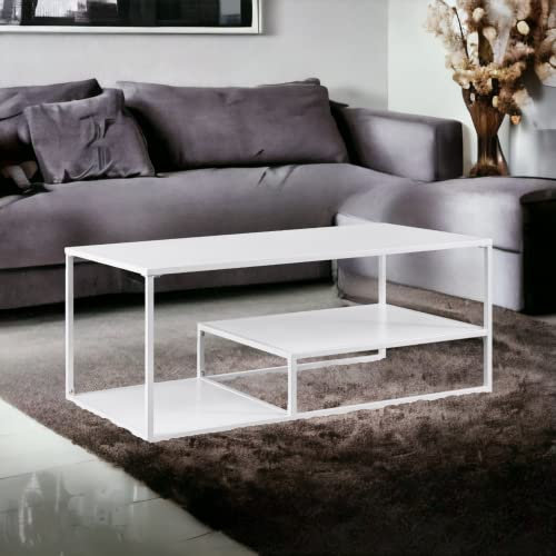URBNLIVING Home Modern Industrial TV Unit Coffee Table for Screen Size up to 43 Inches with 1 or 2 Tiered Shelves White or Brown Wood With Metal Frame for Living Room or Office (One Tier White)