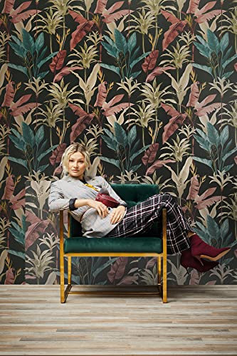 New Walls Vliestapete florale Blätter tropisches Palmen-Muster detailliert schwarz, rot, türkis, beige