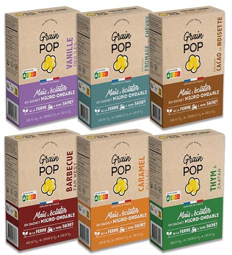 Popcorn Premium Micro-ondes | Lot découverte de saveurs | GrainPop 8 Boîtes [3 sucrées, 3 salées et 2 nature]