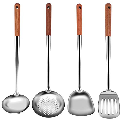 4 Stück Küchenhelfer Set Edelstahl,Wok Zubehör mit Holzgriff,Langer Wok Pfannenwender Edelstahl,Wok Wender Set,Schöpfkelle Edelstahl,Wok Kelle Set,Kochen Werkzeuge Utensilien Set