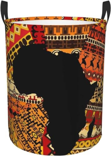 3D-Gedruckter Wäschekorb Afrika-Karte Ethnisches Muster Zusammenklappbarer Wäschekorb – Aufbewahrungskorb Für Schmutzige Kleidung – Wäschebox Mit Griffaufbewahrung – Runder Wäschekorb – Wasserdichter
