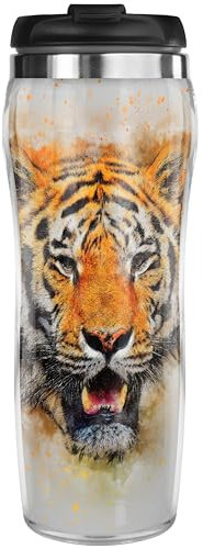 Pixly® Tiger Art Thermal Travel Mug Coffee Tea Flask, 400ml/14oz Capacity, Fun Gift for Him/Her