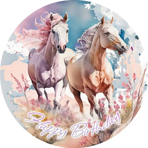Tortenbild 20cm Happy Birthday Pferde - essbarer Tortenaufleger rund aus Premium-Dekor-Papier