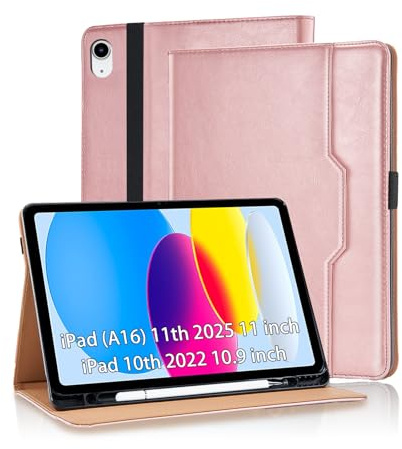 Vkooer Hülle für iPad (A16) 11. Generation 11'' 2025, iPad 10. Generation 10,9'' 2022 mit Stifthalter Premium PU Leder Schutzhülle Tasche Cover Case mit Auto Schlaf/Aufwach Kartentasche - Roségold