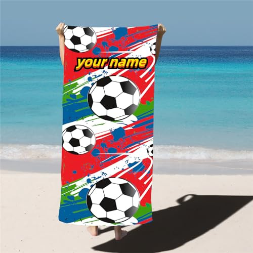 WEQEER Personalisiert Fußball Strandtuch Mit Namen, Fußball Handtuch Mit Namen Badetuch Für Jungen, Personalisiertes Fußball Handtuch Strandtuch Groß 90x180cm (1,90 x 180 cm)