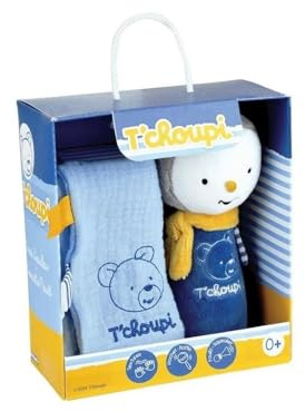 JEMINI 024425 T'Choupi Baby Geschenkset für Neugeborene, mit Kuscheltier, quadratisch, +/- 25 cm und Plüschtier, Handpuppe, +/- 14 cm, Blau