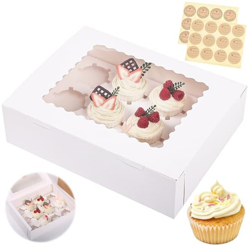 12 scatole per il trasporto di cupcake, 12 fori, con adesivi, scatola per il trasporto di muffin con finestra trasparente, pratica scatola di cartone con finestra bianca, per cupcake, biscotti, muffin