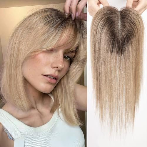 HAIRCUBE Haartopper für Frauen Top Haarteile 100% echtes menschliches Haar mit Pony Menschenhaartopper mit Schweizer Spitzenbasis handgebundenes Haar verlieren/dünnen Haar 14inch ombre hellbraun