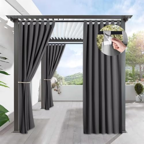 Outdoor Vorhang Wetterfest, Outdoorvorhänge Blickdicht 132×183cm, Sichtschutz Sonnenschutz, Outdoor Vorhänge Wasserdicht mit Klettverschluss, Outdoor Gardinen für Balkon Pavillon Terrasse, Dunkelgrau