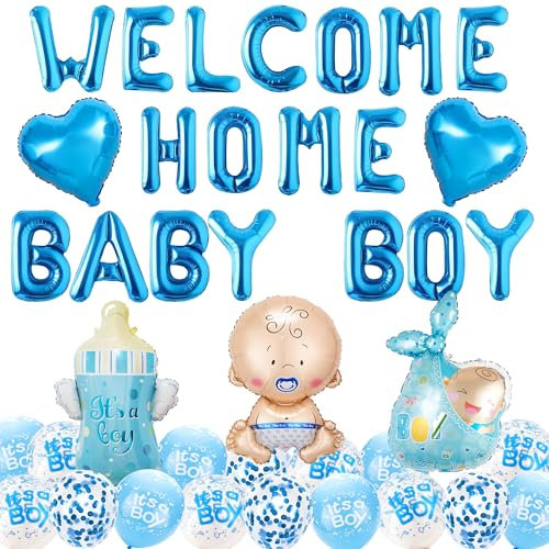 Willkommen Zuhause Deko Junge - 39 Stück Babyparty Dekoration Welcome Home Baby Boy Girlande, Blau Luftballons, Folienballon Herzlich Willkommen Dekorationen für Junge