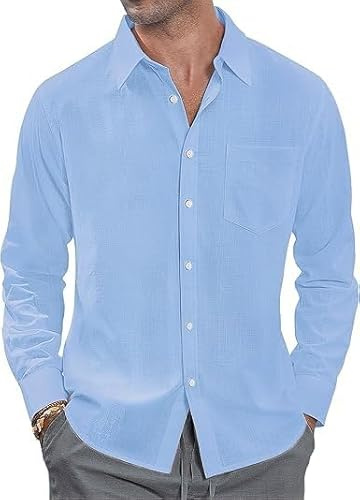 HAGOT Mens Henley Linen Shirt, Light Cotton Beach Shirt Top, Casual Banded Collar Long Sleeve, with Pocket, Blue, L