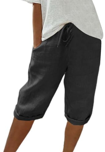 Sommerhose Damen Leicht Sommer Einfarbig Kurze Hosen Leinenhose Mit Kordelzug Casual Pants Hohe Taille Caprihose Stoffhose Bequeme Freizeithose Frauen Elegant Loose Fit Strandhose Outdoorhose