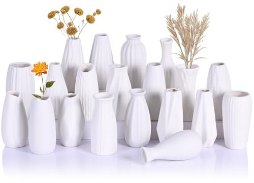 LCCCK Kleine weiße Vasen, Set mit 20 Stück, für Tischdekoration, Keramik, weiße Knospenvasen, bemalbar, Boho-Mini-Einzelblumenvase, Bulk, für Hochzeit, Pampasgras, Dekoration, Japandi-Knospenvasen in
