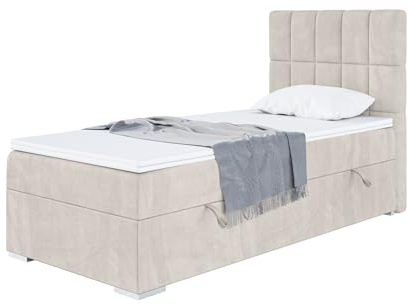 MEBLINI Boxspringbett mit Bettkasten - Gepolstert Einzelbett mit Matratze und Topper - Polsterbett mit Stauraum - Bett mit Kopfteil - Stauraumbett - Lukas - 100x200 Rechts - H4/Beige Samt