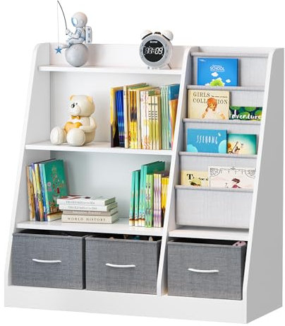KEEPREAPER Bücherregal Kinder mit 3 Aufbewahrungsboxen aus Vliesstoff, Kinderregal Montessori mit 4 Ablage und 2 offnen Fächern, Kinderzimmer Regal für Spielzeug Organizer,91x38x92cm (Weiß-A)