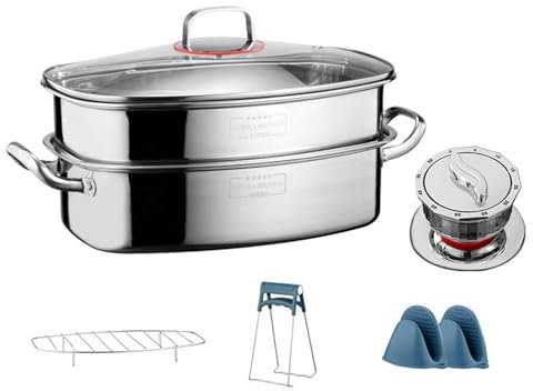 Ovaler Dampfgarer Für Fisch Mit Timer, Aus Edelstahl 18/10, Multifunktion Zum Dämpfen Von Fisch/Meeresfrüchten/Braten Von Truthahn, Universell Für Induktionsherd, Herd (Doppelschicht)