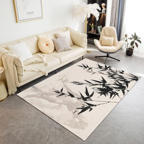 LUPAXA Vintage-Bambusteppich 160x230 Teppich Mit Bambuspflanzen Und Tuschemalerei, Luxuriöser, Weicher, Rutschfester, Niedrigfloriger, Waschbarer Teppich Schlafzimmer, Küche, Wohnzimmer, Büro