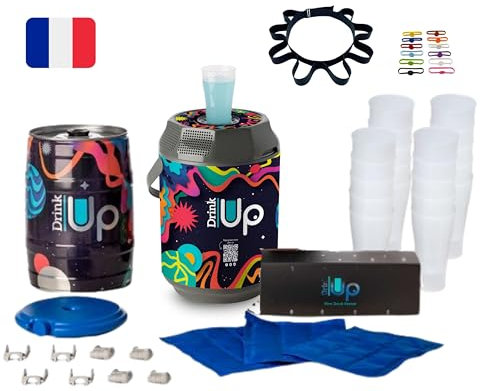 DRINK UP MAX décor INFINITY - Tireuse Portative pour Toutes Boissons - 20 Verres + Plateau bois + enceinte Bluetooth - Boissons fraîche 20h - Transportable - Évènement, pique-nique