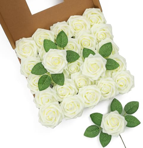 LEUCHTAMOR 25 rose artificiali bianco latte, rose finte in schiuma realistica al tatto, per bouquet da sposa, centrotavola, composizione floreale, decorazione per la casa