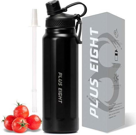 pluseight Edelstahl Trinkflasche, 950 ml, 750 ml, Auslaufsichere Edelstahl Flasche mit Deckel Für Schule, Kinder, Frauen, Männer | Auslaufsicher & Schweißfest mit Anti-Staub Deckel (Schwarz, 950 ml)