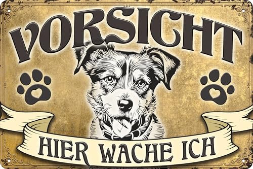 30 x 20 cm wetterfestes Hunde Blechschild, Warnhinweis, Torschild, Farbe Gold, Vorsicht - Hier Wache ich! (Jack Russell)