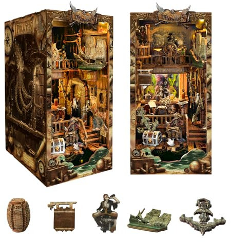DIY Book Nook Kit - Pirat 3D Wooden Miniature Puzzles with LED Light Dollhouse Model Craft Kits for Adults Bookshelf Insert Decor - Halloween Christmas Birthday Gifts for Adults-New World Ship(SQ-36)