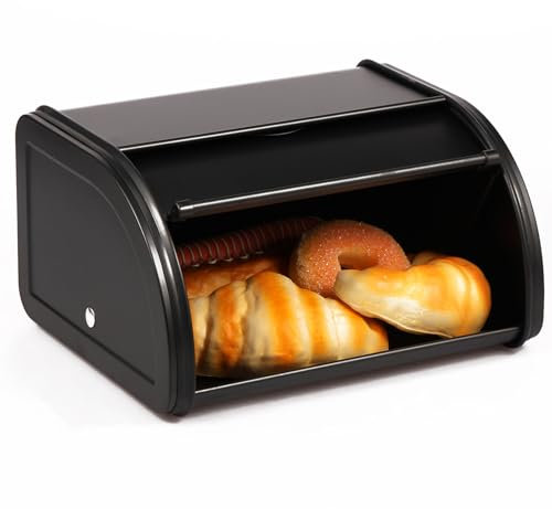 Metal Bread Bin with Roll Up Front Lid Countertop 25.5x21x14cm Retro Small Bread Box Kitchen Food Storage Bread Container for Homemade Bread, Toast, Bagel Dry Food Fruits(Black)