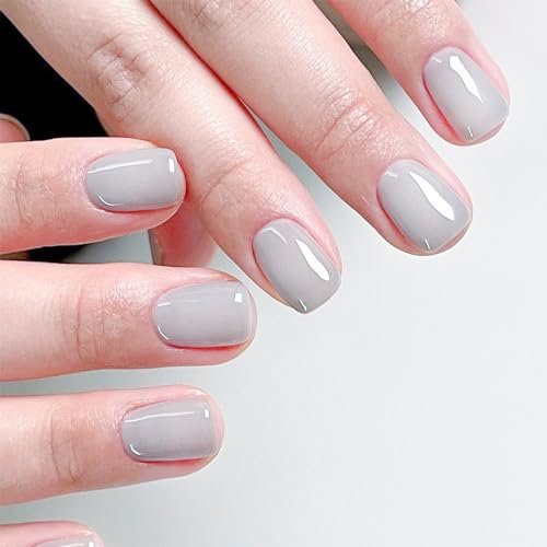 Lot de 24 faux ongles courts à coller, carrés, en acrylique, pour femme - Gris et blanc - Pour le printemps et l'été