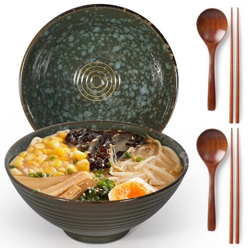 LRHAFET 2 x 1200ml Ramen Schüssel Set aus Keramik mit Essstäbchen und Löffeln, 20cm Ramen Bowls Set，Ramen Schale. (Wet Green)