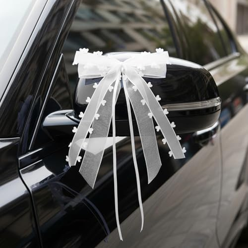 10 Stück Hochzeitsschleifen Fürs Auto Weiße Autoschmuck Hochzeit Auto Deko Schleifen Organza Herzen Schleifen Hochzeitsschleifen,für Brautauto,Geschenk,Hochzeitsfeier