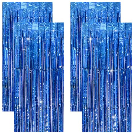 4er Set Lametta Vorhang Blau 1 x 2 m Festliches Glitzervorhang Lametta für Party Deko Glitzer Vorhang Geburtstagsdeko Blau Lamettavorhang Fransenvorhang für Hintergrund Unterwasserwelt Deko Geburtstag
