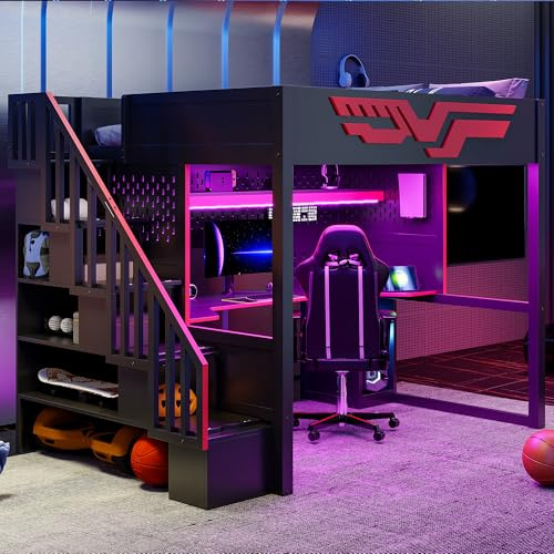 VilroCaz Modern Full Size Gaming Loft Bed with Desk and Storage Staircase, Solid Wood Loft Bed Frame with LED Lights and USB for Kids Teens Aldults