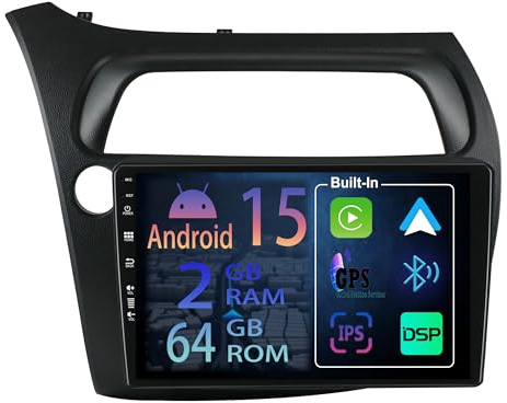 [2+64GB] 9 Pulgadas Android 15 Autoradio de Honda Civic VIII 2006-2011 Radio Carplay Stereo inalámbrico Mit Car Play Auto Bildschirm Bluetooth Navegación Reproductor Estéreo Pantalla táctil