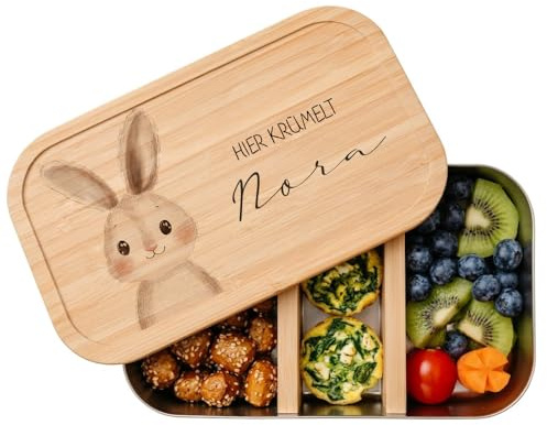 Manufaktur Liebevoll Personalisierte Brotdose mit Namen für Kinder Lunchbox Waldtiere Frühstücksdose Kindergarten Schule Einschulung Mädchen Jungen 2 Größen (Hase, Weißblech | Größe S (18x10x5cm))