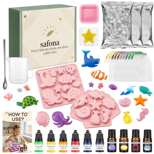 Seife Selber Machen Set Meerestiere, DIY Seifen Bastelset 750g | 750g Seifenbasis, 10er Meerestierform mit Fisch, Seepferdchen & Quadrat, 6 Farben, 4 ätherische Öle und 10 Schaumnetze