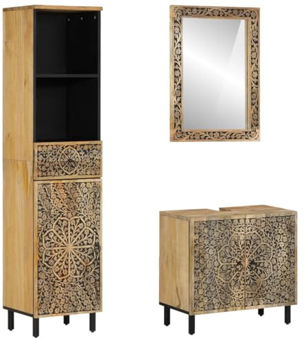 kithwjll 3-Piece Bathroom Furniture Set Solid Wood Mango with Storage Space, Bathroom Furniture for Small Bathrooms, Bathroom Furniture with Sink, Waterproof Bathroom Set Furniture, Bathroom Furniture