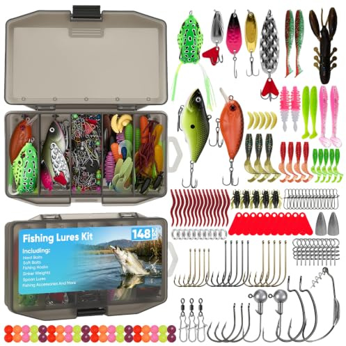 148-teiliges Angelköder-Set mit Köderbox, Angelzubehör für Hecht, Zander, Forelle & Barsch – Wobbler, Blinker, Spinner, Jigs & Haken für Süß- und Salzwasser